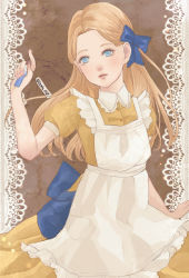 Rule 34 | 1girl, alice (alice in wonderland), alice in wonderland, apron, arikawa anri, blonde hair, blue bow, blue eyes, bow, brown background, dress, hair bow, hand up, highres, lace, long hair, looking at viewer, parted lips, pinafore dress, potion, short sleeves, sleeveless dress, solo, vial, white apron, yellow dress