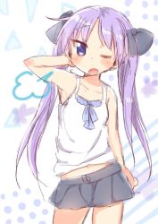 Rule 34 | 1girl, puff of air, arm behind back, armpits, blue ribbon, blush, bow, collarbone, commentary request, cowboy shot, frilled skirt, frills, hair bow, hair ornament, hiiragi kagami, long hair, looking at viewer, lucky star, midriff peek, navel, one eye closed, open mouth, purple eyes, purple hair, ribbon, shirt, sketch, skirt, solo, tatsunokosso, twintails, white background, white shirt