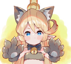 Rule 34 | 1girl, animal ear fluff, animal ears, animal hands, black gloves, blonde hair, blue eyes, blush stickers, charlotta (granblue fantasy), closed mouth, crown, fang, fang out, fur bikini, gloves, granblue fantasy, hair between eyes, harvin, highres, long hair, looking at viewer, meito (maze), mini crown, paw gloves, pointy ears, smile, solo, upper body