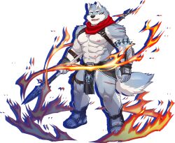 Rule 34 | 1boy, abs, animal ears, bara, bulge, chest belt, crave saga, dog boy, dog ears, eye black, fire, forked eyebrows, full body, furry, furry male, hakuma (crave saga), hands on own hips, headband, holding, holding polearm, holding weapon, large pectorals, male focus, mato (matomonstera), muscular, muscular male, navel, nipples, official art, pectorals, pelvic curtain, polearm, red scarf, revealing clothes, scar, scar on arm, scar on leg, scarf, shoes, short hair, smile, solo, spear, stomach, thick eyebrows, thighs, topless male, translation request, weapon