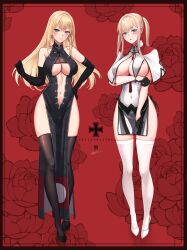Rule 34 | 2girls, adapted costume, artist name, bismarck (kancolle), black dress, black footwear, black thighhighs, blonde hair, blue eyes, blush, breast curtains, breasts, capelet, chinese clothes, closed mouth, covered navel, cross, dress, earrings, full body, graf zeppelin (kancolle), groin, hair between eyes, high heels, highres, iron cross, jewelry, kantai collection, large breasts, long hair, multiple girls, navel, odachu, open mouth, pelvic curtain, sidelocks, signature, smile, thighhighs, twintails, white capelet, white dress, white footwear, white thighhighs