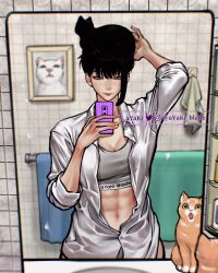 Rule 34 | 1girl, abs, animal, animal on head, artist name, ayaki blade, black hair, breasts, brown eyes, cat, cellphone, cleavage, commentary, english commentary, grey sports bra, highres, holding, holding phone, indoors, medium breasts, mirror, mixed-language commentary, on head, original, partially unbuttoned, phone, portrait (object), reflection, selfie, shirt, short hair, sink, sleeves rolled up, smartphone, smile, solo, sports bra, tomoka (ayaki), toned, towel, twitter username, watermark, white shirt