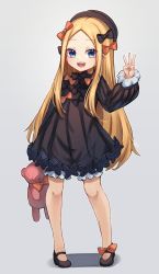 Rule 34 | 1girl, abigail williams (fate), black bow, black dress, black footwear, black hat, blonde hair, bloomers, blue eyes, blush, bow, breasts, bug, butterfly, commentary, dress, english commentary, fate/grand order, fate (series), forehead, full body, grey background, hair bow, hand up, hat, highres, insect, long hair, long sleeves, looking at viewer, miya (miyaruta), multiple hair bows, orange bow, parted bangs, polka dot, polka dot bow, puffy long sleeves, puffy sleeves, ribbed dress, shadow, shoes, sleeves past fingers, sleeves past wrists, small breasts, smile, solo, standing, stuffed animal, stuffed toy, teddy bear, underwear, very long hair, w, white bloomers