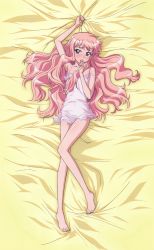 Rule 34 | 1girl, absurdres, armpits, barefoot, bed sheet, blush, chemise, feet, finger in own mouth, flat chest, fujii masahiro, highres, lingerie, long hair, looking at viewer, louise francoise le blanc de la valliere, lying, magazine scan, no panties, official art, on back, on bed, pink hair, scan, see-through, sheet grab, solo, strap slip, underwear, zero no tsukaima