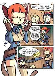 Rule 34 | animal ears, bare shoulders, black hair, blonde hair, bob cut, breasts, breath of fire, breath of fire v, cat ears, cat tail, character request, comic, english text, goggles, goggles on head, hair over one eye, interrupted, lin (breath of fire), medium breasts, orange hair, pointing gun, setz, speech bubble, tail, thighhighs