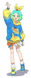 Rule 34 | 1girl, :d, arm up, asymmetrical footwear, blue footwear, blue hair, blue hoodie, bow, fang, fugota6509, full body, green eyes, green hair, hair bow, highres, hood, hood down, hoodie, idol time pripara, leg warmers, long sleeves, looking at viewer, miniskirt, mismatched footwear, multicolored hair, nijiiro nino, open mouth, outstretched arm, pleated skirt, pretty series, pripara, puffy long sleeves, puffy sleeves, shoes, short hair, simple background, skin fang, skirt, smile, sneakers, solo, standing, waving, white background, yellow bow, yellow footwear
