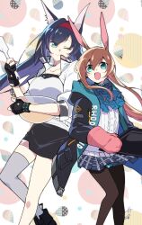 Rule 34 | 2girls, :o, amiya (arknights), animal ears, arknights, ascot, baking sheet, black footwear, black gloves, black pantyhose, black skirt, blaze (arknights), blue ascot, blue coat, blue hair, blue skirt, bowl, breasts, brown hair, cat ears, cat girl, center frills, closed mouth, coat, commentary, english commentary, feet out of frame, fingerless gloves, frills, gloves, green eyes, grey thighhighs, highres, holding, holding bowl, holding spatula, jacket, large breasts, long hair, looking at another, multiple girls, one eye closed, open mouth, otinksan, oven mitts, pantyhose, patterned background, plaid, plaid skirt, polka dot, polka dot background, rabbit ears, shirt, shoulder-to-shoulder, sidelocks, signature, single thighhigh, skirt, spatula, thighhighs, white jacket, white shirt
