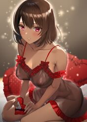 Rule 34 | 1girl, babydoll, barefoot, blush, box, boyon (oooboyon5), breasts, brown hair, collarbone, dark-skinned female, dark skin, frilled babydoll, gift, heart, heart-shaped box, heart-shaped pillow, highres, holding, holding gift, large breasts, light particles, medium hair, nipples, original, parted lips, pillow, red eyes, see-through, see-through babydoll, sharifah ozdil, smile, solo, toes