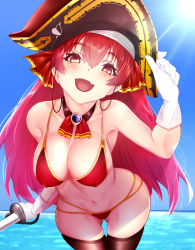 Rule 34 | 1girl, bare shoulders, bicorne, bikini, black hat, blush, breasts, gloves, hair down, hair ribbon, hat, heterochromia, highres, holding, holding sword, holding weapon, hololive, houshou marine, large breasts, leaning forward, long hair, looking at viewer, makumaxu, open mouth, red bikini, red eyes, red hair, red ribbon, ribbon, saber (weapon), smile, solo, swimsuit, sword, thighhighs, virtual youtuber, weapon, yellow eyes