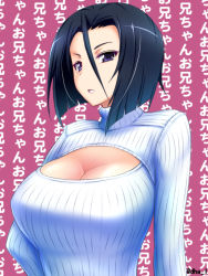 Rule 34 | 1girl, black hair, bob cut, breasts, cleavage, dha, hand on own hip, kami nomi zo shiru sekai, large breasts, looking at viewer, meme attire, nikaidou yuri, open-chest sweater, parted lips, pink background, purple eyes, ribbed sweater, short hair, solo, sweater, translated, turtleneck, twitter username, wall of text