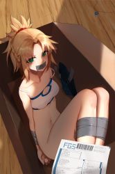 Rule 34 | 1girl, absurdres, bandeau, blonde hair, bottomless, bound, box, braid, carboard box, fate/apocrypha, fate/grand order, fate (series), french braid, gag, gagged, green eyes, highres, improvised gag, in box, in container, jewelry, mordred (fate), mordred (fate/apocrypha), mordred (memories at trifas) (fate), navel, necklace, pants, paper, parted bangs, ponytail, restrained, short shorts, shorts, solo, stomach, tape, tape gag, thighs, translation request, unworn jewelry, unworn necklace, unworn pants, unworn shorts, wo chi xiangjiao pi, wooden floor