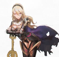 Rule 34 | 1girl, alternate costume, armor, ascot, black armor, black panties, blonde hair, breasts, cape, cleavage, corrin (female) (fire emblem), corrin (fire emblem), fire emblem, fire emblem fates, hairband, kokutan kitsunen, leaning forward, looking at viewer, nintendo, panties, pointy ears, simple background, sketch, smile, solo, sword, thighhighs, torn cape, torn clothes, underwear, weapon, yato (fire emblem)