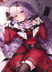 Rule 34 | 1girl, bed sheet, blush, breasts, brown gloves, brown thighhighs, cellphone, chest tattoo, closed mouth, dress, frilled pillow, frills, garter straps, gloves, hands up, highres, hyakumantenbara salome, hyakumantenbara salome (1st costume), juliet sleeves, large breasts, long hair, long sleeves, looking at viewer, lying, nijisanji, on back, on bed, phone, pillow, primamiya, puffy sleeves, purple eyes, purple hair, red dress, smartphone, smile, solo, tattoo, thighhighs, very long hair, virtual youtuber