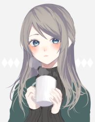 Rule 34 | 1girl, bad id, bad tumblr id, blue eyes, blush, cup, grey background, grey hair, grey sweater, holding, holding cup, long hair, long sleeves, looking at viewer, original, p2 (uxjzz), parted lips, ribbed sweater, solo, steam, sweater, upper body