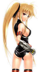 Rule 34 | 00s, 1girl, 40010prototype, ass, blonde hair, breasts, buckle, fate testarossa, fate testarossa (true sonic form), gauntlets, gloves, light smile, long hair, lyrical nanoha, mahou shoujo lyrical nanoha, mahou shoujo lyrical nanoha strikers, red eyes, seductive smile, sideboob, simple background, smile, solo, thighhighs, twintails, very long hair, white background