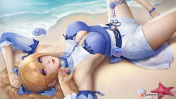 Rule 34 | 1girl, aqua flower, armpits, arms up, bare shoulders, beach, blonde hair, blouse, blue eyes, blue shirt, breasts, cleavage, cleavage cutout, closed mouth, clothing cutout, detached sleeves, genshin impact, hair between eyes, high-waist shorts, high ponytail, jean (genshin impact), jean (sea breeze dandelion) (genshin impact), large breasts, lying, nail polish, official alternate costume, on back, sand, seashell, shell, shirt, shore, shorts, thighlet, thighs, turewindwalker, water, waves, white shorts