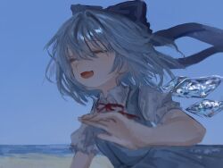 1girl ^_^ beach blue_bow blue_dress blue_hair blue_sky blurry bow cirno closed_eyes collared_shirt day dress eruezeki52 fang frilled_sleeves frills hair_bow hand_up hashtag-only_commentary highres ice ice_wings light_blush ocean open_mouth pinafore_dress puffy_short_sleeves puffy_sleeves red_ribbon ribbon sand shirt short_hair short_sleeves skin_fang sky sleeveless sleeveless_dress smile solo touhou white_shirt wing_collar wings