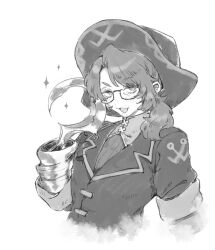 Rule 34 | 1boy, glasses, gregor (project moon), greyscale, hand up, hat, hook hand, jacket, limbus company, looking at viewer, low ponytail, male focus, monochrome, open mouth, pirate hat, project moon, smile, solo, uchimura (rino0525), wing collar