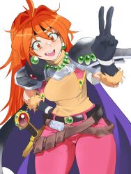 Rule 34 | 1girl, absurdres, ahoge, armor, belt, black gloves, cape, caprara, cowboy shot, earrings, fangs, gem, gloves, green gemstone, hand on own hip, headband, highres, jewelry, lina inverse, long hair, multiple belts, necklace, open mouth, orange eyes, orange hair, pants, pauldrons, pink pants, purple cape, red gemstone, shirt, short sleeves, shoulder armor, simple background, slayers, solo, sword, teeth, v, weapon, white background, yellow shirt