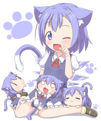 Rule 34 | 4girls, :&lt;, :3, = =, \(^o^)/, animal ears, arms up, barefoot, bloomers, blue dress, blue eyes, blue hair, cat ears, cat tail, child, cirno, dress, fang, hair ornament, hairclip, highres, ice, ice wings, kemonomimi mode, looking at viewer, makuran, mother and daughter, multiple girls, o o, one eye closed, open mouth, paw pose, paw print, puffy sleeves, shirt, short sleeves, simple background, sitting, smile, tail, touhou, underwear, wariza, white background, wings, wink, | |