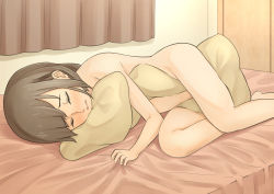 Rule 34 | 1girl, bed sheet, bedroom, between legs, blush, brown hair, closed eyes, commentary request, completely nude, curtains, female masturbation, komaniwa pumpkin, long hair, lying, masturbation, nude, hugging object, on bed, on side, original, parted lips, pillow, pillow hug, pillow sex, sheet grab, solo