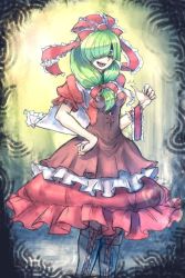 Rule 34 | 1girl, adapted costume, arm ribbon, boots, bow, covering one eye, cross-laced footwear, dress, frills, front ponytail, green eyes, green hair, hair bow, hair ornament, hair over one eye, hair ribbon, kagiyama hina, knee boots, lace-up boots, long hair, looking at viewer, matching hair/eyes, md5 mismatch, oo gata ken, open mouth, puffy sleeves, resized, ribbon, short sleeves, smile, smirk, solo, touhou, twitter username