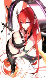 Rule 34 | 1girl, arknights, black pants, breasts, chest strap, cleavage, crop top, demon girl, demon horns, fiery background, fire, from above, highres, holding, holding polearm, holding weapon, horns, large breasts, leria v, looking at viewer, midriff, pants, polearm, purple eyes, red hair, slit pupils, solo, standing, stomach, surtr (arknights), tongue, tongue out, weapon