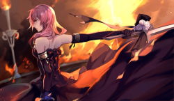 Rule 34 | 10s, 1girl, absurdres, alternate costume, back, dress, elbow gloves, final fantasy, final fantasy xiii, fire, from behind, gloves, highres, kumako (pixiv4171671), lightning farron, lightning returns: final fantasy xiii, pink hair, purple dress, solo, strapless, strapless dress, sword, weapon