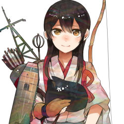 Rule 34 | 10s, 1girl, akagi (kancolle), archery, arrow (projectile), bad id, bad nicoseiga id, bow (weapon), brown eyes, brown hair, flight deck, gloves, itomugi-kun, japanese clothes, kantai collection, kyuudou, long hair, muneate, partially fingerless gloves, partly fingerless gloves, personification, quiver, radio antenna, single glove, skirt, smile, solo, weapon, yugake