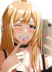 Rule 34 | 1girl, absurdres, black choker, blonde hair, breasts, cellphone, choker, cleavage, ear piercing, earrings, grin, highres, holding, holding phone, jewelry, kitagawa marin, long hair, looking at viewer, medium breasts, off-shoulder shirt, off shoulder, one eye closed, phone, piercing, pink eyes, pink nails, ring, selfie, shirt, simple background, smartphone, smile, solo, sono bisque doll wa koi wo suru, sparkle, spookypicklez, teeth, white background