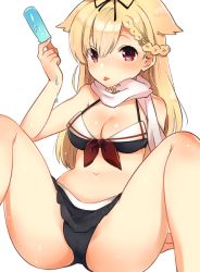 Rule 34 | 10s, 1girl, :p, adapted costume, bare arms, bare legs, bare shoulders, black panties, black ribbon, blonde hair, body blush, braid, breasts, cleavage, collarbone, dripping, food, french braid, hair flaps, hair ornament, hair ribbon, hairclip, holding, holding food, ice cream, ichihaya, kantai collection, legs apart, looking at viewer, medium breasts, melting, microskirt, panties, pantyshot, pleated skirt, popsicle, red eyes, red ribbon, ribbon, scarf, simple background, sitting, skirt, solo, spread legs, tareme, tongue, tongue out, underwear, upskirt, white background, white scarf, yuudachi (kancolle), yuudachi kai ni (kancolle)