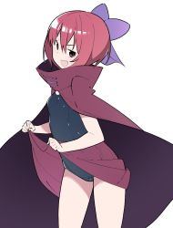 Rule 34 | 1girl, bad id, bad twitter id, black one-piece swimsuit, bow, breasts, cape, clothes lift, commentary request, fang, hair bow, high collar, highres, kt kkz, one-hour drawing challenge, one-piece swimsuit, open mouth, purple bow, red cape, red eyes, red hair, red skirt, sekibanki, short hair, simple background, skin fang, skirt, skirt lift, small breasts, smile, solo, swimsuit, swimsuit under clothes, touhou, white background