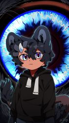 Rule 34 | 1boy, animal ears, animal hands, artist name, black hair, black hoodie, blue eyes, child, closed mouth, commentary, deviidog0, eyeball, fur-tipped tail, highres, hood, hood down, hoodie, horns, long sleeves, looking at viewer, male focus, monster boy, original, short eyebrows, short hair, single horn, solo, symbol-only commentary, tail, twitter username, upper body, white horns