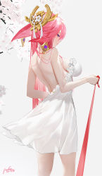 Rule 34 | 1girl, animal ears, arched back, ass, backless dress, backless outfit, bare arms, bare back, bare shoulders, breasts, cherry blossoms, dress, floppy ears, fox ears, frilled dress, frills, from side, genshin impact, hair ornament, highres, holding, holding leash, large breasts, leash, long hair, looking at viewer, omone hokoma agm, pink hair, pov, purple eyes, sideboob, sidelocks, solo, standing, strapless, strapless dress, thighs, viewer on leash, white background, white dress, yae miko