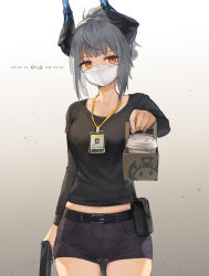 Rule 34 | 1girl, arknights, asicah, belt, belt buckle, black shirt, black shorts, buckle, commentary, cowboy shot, cup, dated, gradient background, grey hair, gun, handgun, holding, holding gun, holding weapon, horns, id card, lanyard, liskarm (arknights), looking at viewer, mask, mouth mask, orange eyes, pistol, pouch, shirt, short hair, short shorts, shorts, solo, weapon