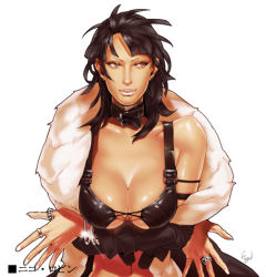 Rule 34 | 1girl, armband, artist name, black hair, breasts, character name, cleavage, crossed arms, female focus, fugi jis, fur trim, huge breasts, jewelry, lace up front, lips, lowres, nico robin, off shoulder, one piece, realistic, ring, short hair, simple background, solo, upper body, white background
