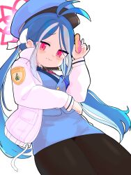 Rule 34 | 1girl, absurdres, black pantyhose, blue archive, blue hair, blue jacket, blue skirt, doughnut, food, fubuki (blue archive), grey hair, halo, hat, highres, jacket, lk149, miniskirt, multicolored hair, pantyhose, pink halo, skirt, solo, twintails, two-tone hair, white background, white jacket