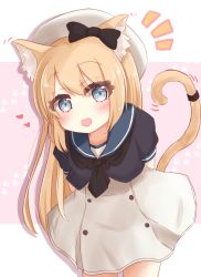 Rule 34 | 1girl, animal ear fluff, animal ears, arms behind back, black neckerchief, black sailor collar, blonde hair, blue eyes, blue sailor collar, cat ears, cat tail, commentary request, cowboy shot, dress, hat, highres, jervis (kancolle), kantai collection, kemono friends, leaning forward, long hair, looking at viewer, neckerchief, ridy (ri sui), sailor collar, sailor dress, sailor hat, short sleeves, solo, tail, white dress, white hat