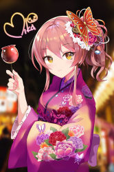Rule 34 | 1girl, absurdres, blurry, blurry background, breasts, brown eyes, butterfly hair ornament, candy apple, character name, closed mouth, commentary request, floral print, flower, flower request, food, gem, hair flower, hair ornament, hand up, highres, holding, idolmaster, idolmaster cinderella girls, idolmaster cinderella girls starlight stage, japanese clothes, jougasaki mika, kimono, large breasts, long hair, long sleeves, looking at viewer, obi, pink hair, pink kimono, sash, smile, solo, sylph kim, wide sleeves