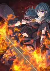 Rule 34 | 1girl, blue eyes, byleth (female) (fire emblem), byleth (fire emblem), commission, eyes visible through hair, fire, fire emblem, fire emblem: three houses, highres, holding, holding sword, holding weapon, long hair, looking at viewer, nintendo, open mouth, skeb commission, sword, upper body, weapon, yoshiki1020