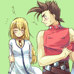 Rule 34 | 00s, 1boy, 1girl, blonde hair, blush, braid, brown hair, colette brunel, lloyd irving, long hair, lowres, red shirt, shirt, tales of (series), tales of symphonia, translated