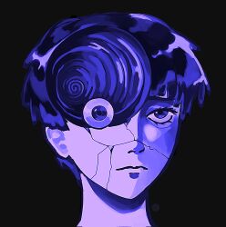 Rule 34 | 1other, black background, blue hair, blue theme, body horror, bowl cut, closed mouth, commentary, cracked skin, english commentary, eyeball, eyelashes, highres, hole in head, houseki no kuni, looking ahead, mile (souruichi), other focus, parody, phosphophyllite, phosphophyllite (ll), portrait, short hair, simple background, solo, spiral, spoilers, uzumaki