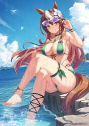 Rule 34 | 1girl, alternate costume, animal ears, anklet, armlet, barefoot, bikini, blue sky, bracelet, breasts, brown hair, choker, cleavage, cloud, cloudy sky, commentary request, crossed legs, earrings, eyewear on head, feet, flower, foot out of frame, front-tie bikini top, front-tie top, green bikini, green choker, grin, hair between eyes, hair flower, hair ornament, hand on own knee, hibiscus, highres, horse ears, horse girl, horse tail, jewelry, large breasts, legs, long hair, looking at viewer, multicolored hair, nail polish, necklace, o-ring, o-ring bikini, o-ring top, on rock, outdoors, purple eyes, single earring, sitting, sky, smile, soaking feet, solo, streaked hair, sunglasses, swimsuit, symboli rudolf (umamusume), tail, thigh strap, toenails, toes, umamusume, very long hair, vococo, white hair