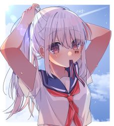 Rule 34 | 1girl, barcode, barcode tattoo, gender request, genderswap, highres, looking at viewer, mafumafu, mouth hold, niconico, ponytail, red eyes, signature, sky, solo, tattoo, uniform, utaite, vocaloid, white background, white hair, yuei (n t0s)
