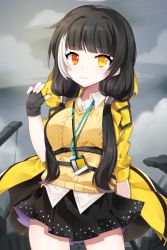 Rule 34 | 1girl, black gloves, black hair, black skirt, breasts, fingerless gloves, girls&#039; frontline, gloves, heterochromia, highres, jacket, jin2, lanyard, large breasts, long hair, looking at viewer, multicolored hair, name tag, red eyes, ro635 (girls&#039; frontline), skirt, solo, streaked hair, sweater vest, white hair, yellow eyes