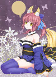 Rule 34 | 10s, 1girl, animal ears, bare shoulders, blue thighhighs, bow, breasts, bug, butterfly, cleavage, detached sleeves, fate/extra, fate (series), flower, fox ears, fox tail, full moon, hair bow, hair ribbon, ikeda yuuki, insect, japanese clothes, kneeling, large breasts, moon, no shoes, pink hair, ribbon, solo, tail, tamamo no mae (fate/extra), thighhighs, twintails, yellow eyes