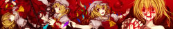 Rule 34 | 4girls, apple, ascot, bare shoulders, blonde hair, blood, blood in hair, blood in mouth, blood on face, bow, chain, clone, female focus, flandre scarlet, food, fruit, hat, hat bow, highres, laevatein, long image, multiple girls, no headwear, open mouth, red eyes, red theme, serizawa mutsuki, short hair, side ponytail, simple background, smile, touhou, wide-eyed, wide image, wings