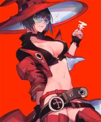 Rule 34 | 1girl, belt, black choker, black hair, blue-tinted eyewear, blue-tinted glasses, breasts, choker, cleavage, green-tinted eyewear, green-tinted glasses, guilty gear, guilty gear strive, hat, highres, i-no, jacket, large breasts, middle finger, midriff, navel, oro (sumakaita), red hat, red jacket, red legwear, short hair, sunglasses, tinted eyewear, venus symbol, witch hat