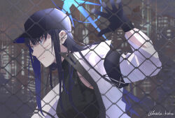 Rule 34 | 1girl, artist name, baseball cap, black gloves, black hat, black sweater, blood, blood on face, blue archive, blue eyes, blue hair, building, closed mouth, fence, gloves, halo, hat, highres, jacket, long hair, long sleeves, looking at viewer, night, night sky, open clothes, open jacket, outdoors, saori (blue archive), sky, solo, sweater, turtleneck, turtleneck sweater, upper body, white jacket, zunda kaku