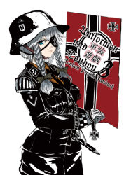 Rule 34 | 1girl, blue eyes, bow, braid, closed mouth, combat helmet, commentary request, cowboy shot, cross, eyepatch, german text, gloves, grey hair, hair bow, helmet, iron cross, izayoi sakuya, jacket, long hair, long sleeves, looking at viewer, military, military jacket, military uniform, nazi war ensign, panzer (p.z), roman numeral, sigrunen, simple background, solo, ss insignia, stahlhelm, touhou, twin braids, uniform, waffen-ss, white background, white gloves